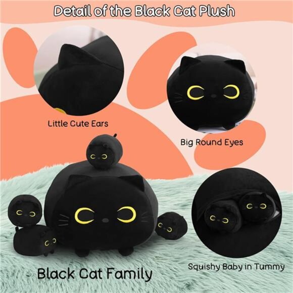 Black Cat Plush, Black Cat Stuffed Animals Plushie with 4 Cute Babies Cat Plush - Picture 3 of 7